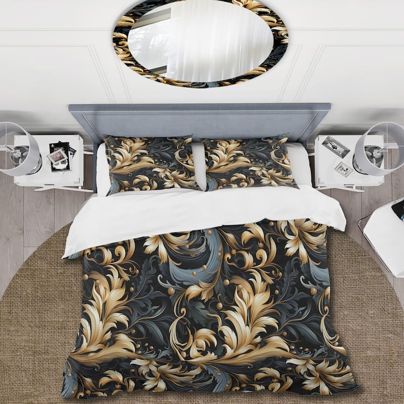 Designart "Black And Gold Damask Flower Blossoms I" Gold Damask bedding